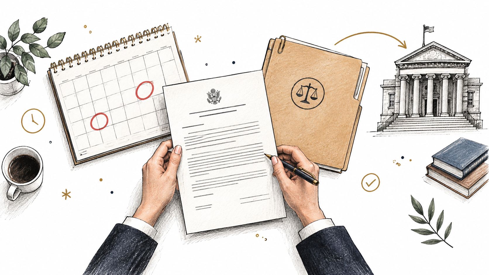 Une vue de dessus montrant une personne signant des documents juridiques officiels dans un bureau professionnel.