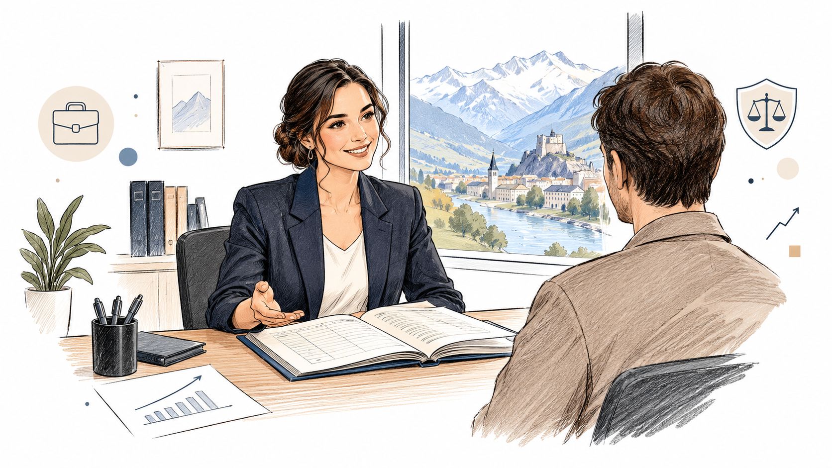 Une avocate souriante s'entretient avec un client dans un bureau avec vue sur le Valais.