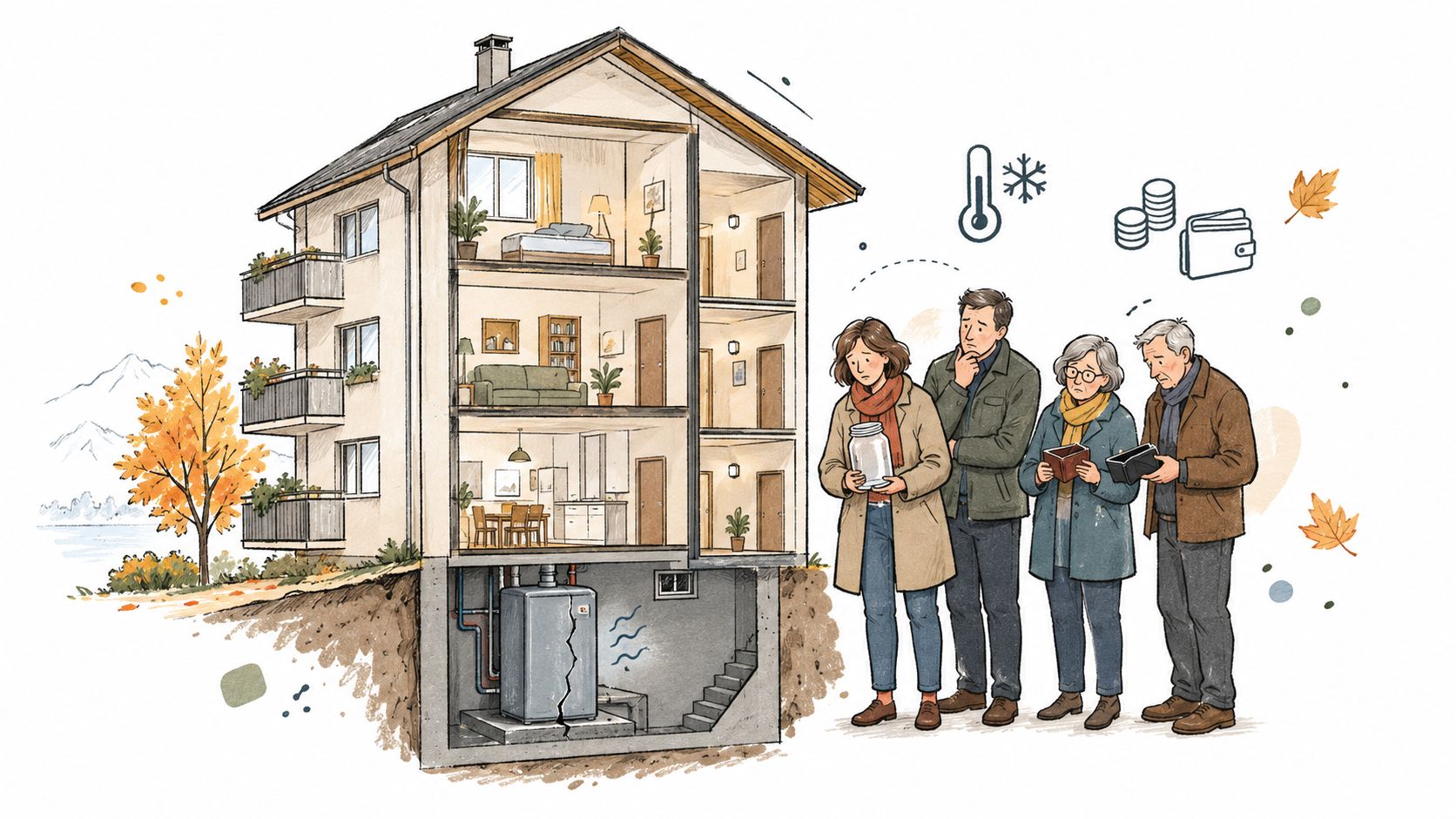 Une famille préoccupée regarde une maison avec une chaudière endommagée, symbolisant des frais de chauffage et rénovation.