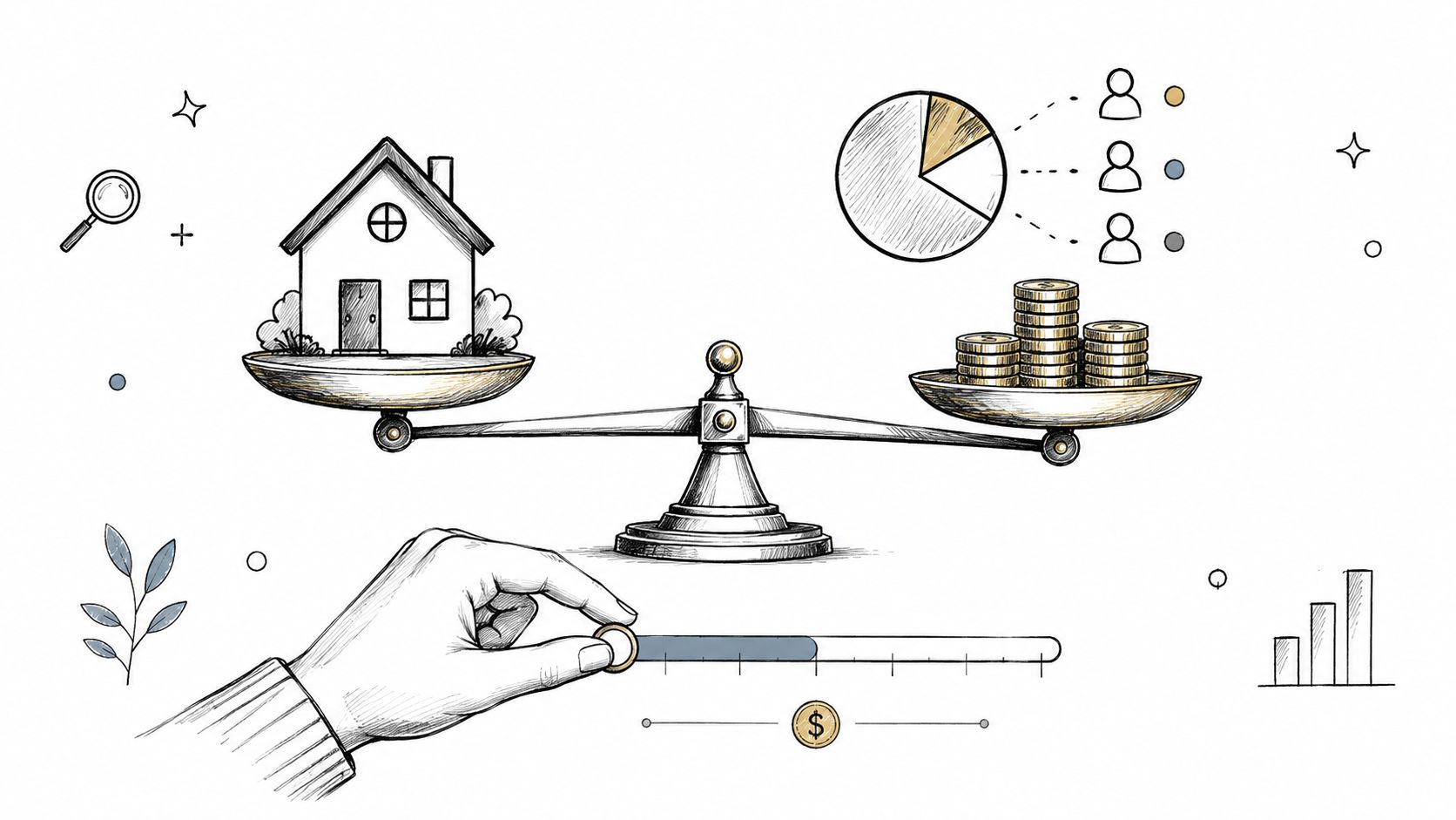 Illustration montrant une balance équilibrant une maison et des pièces de monnaie avec un graphique financier associé.