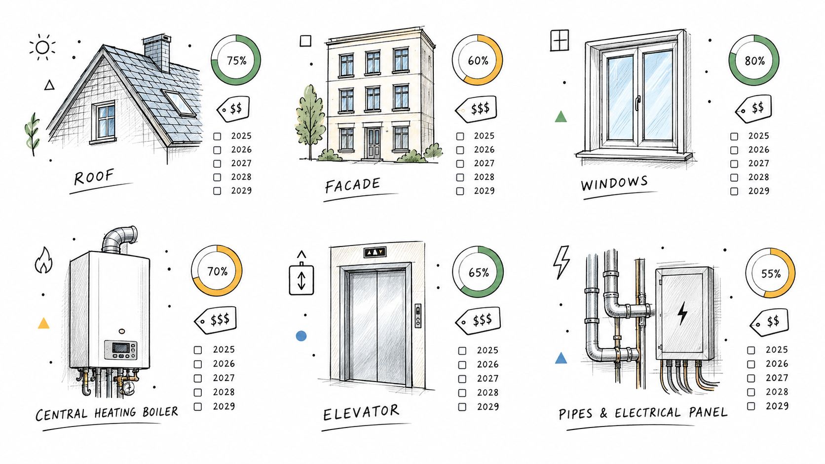 Illustration montrant différents éléments de maintenance immobilière avec des indicateurs de pourcentage et des coûts estimés.
