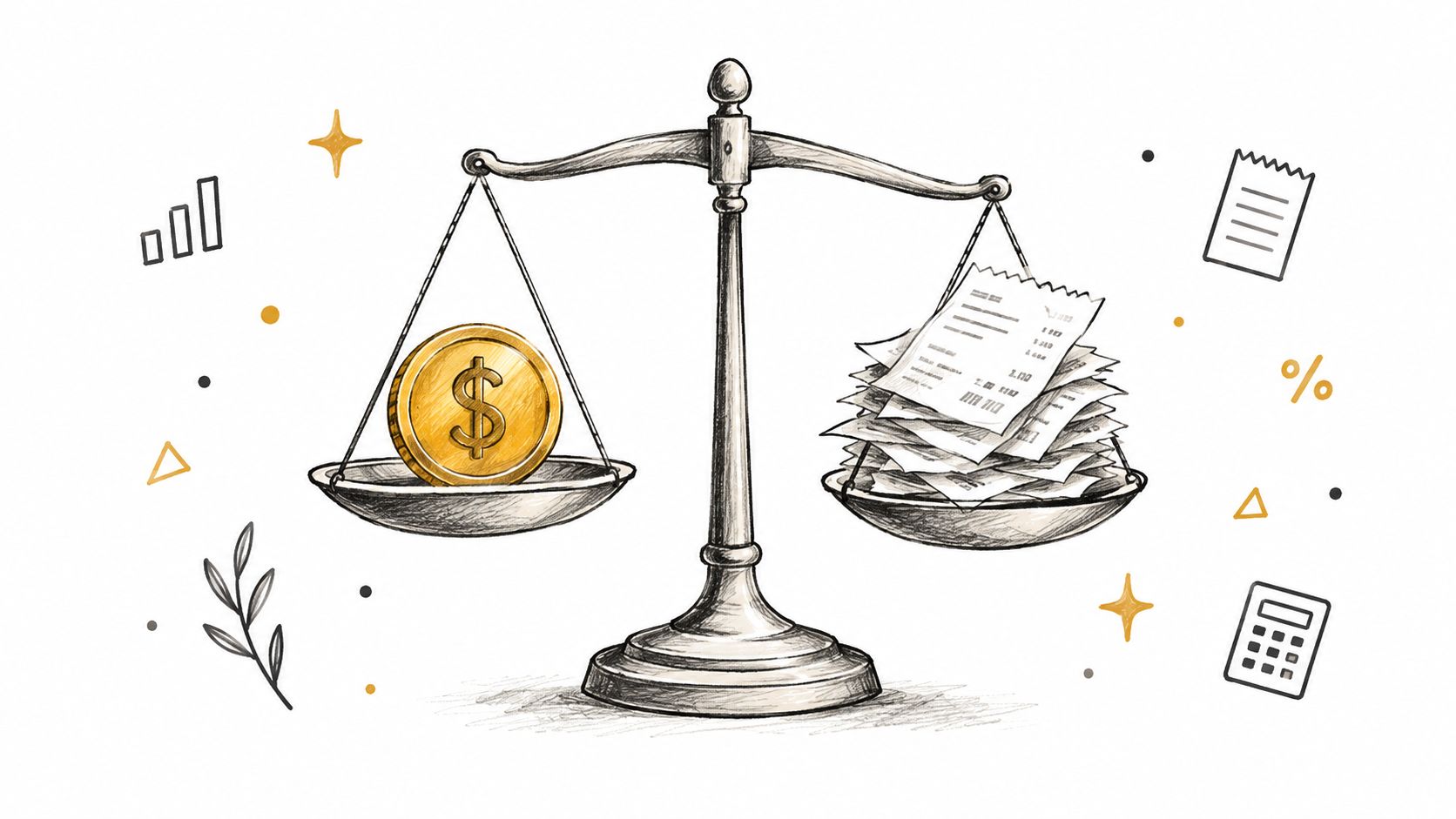 Une balance équilibrant une pièce de monnaie en dollars et une pile de reçus financiers sur fond blanc.