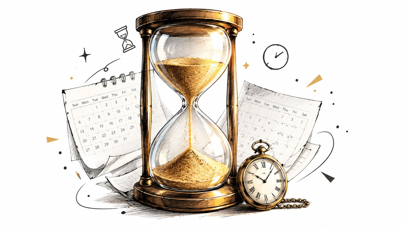 Un sablier doré, des calendriers et une montre à gousset illustrant la gestion du temps et planification.