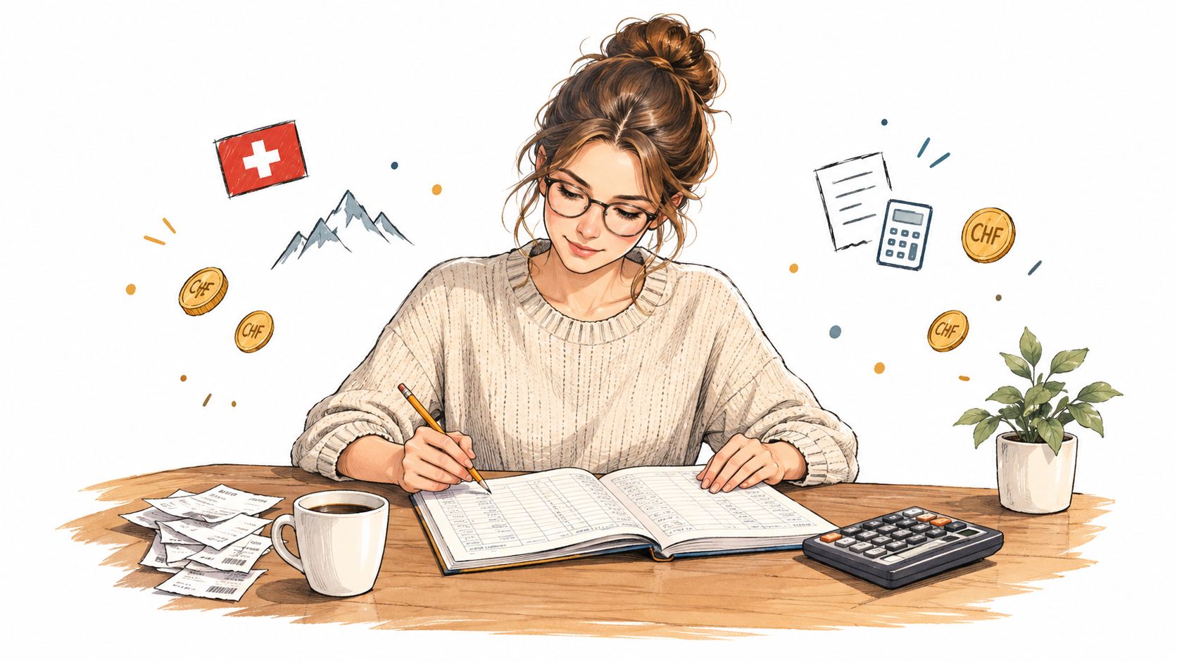 Une jeune femme studieuse gère la comptabilité d'une association suisse tout en notant des chiffres dans un cahier.
