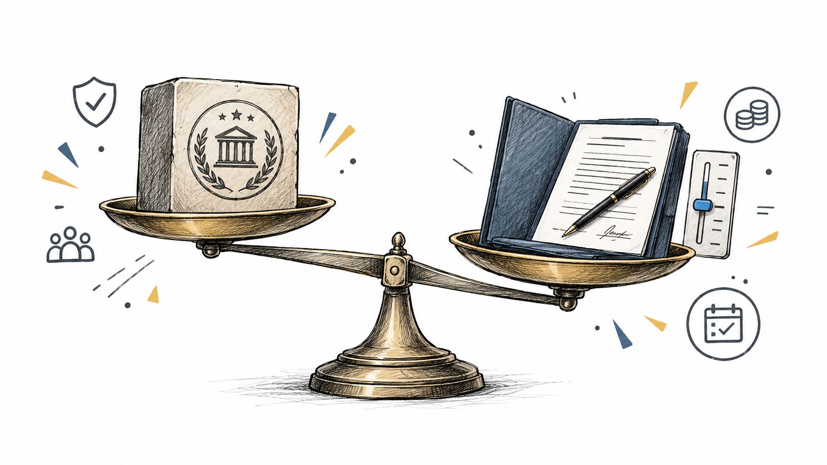 Une balance symbolisant l'équilibre entre une institution bancaire et un contrat officiel pour une assurance indépendante.