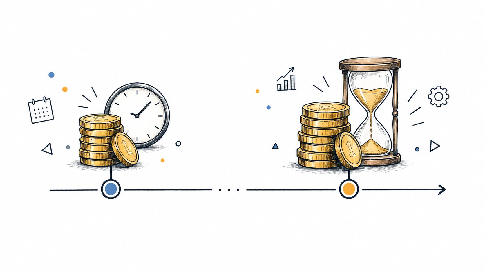 Illustration montrant des piles de pièces de monnaie avec une horloge et un sablier symbolisant le temps