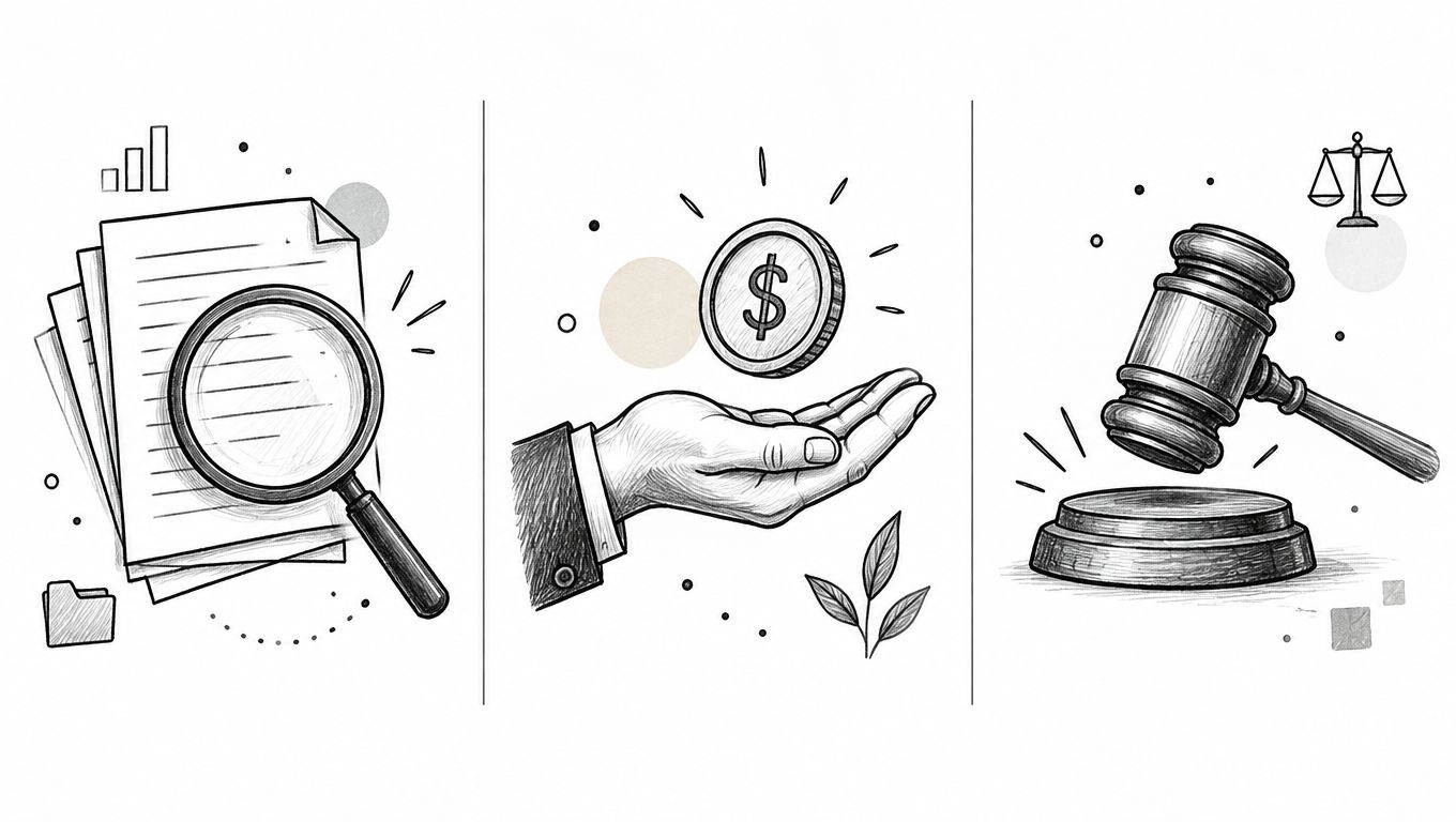 Illustration stylisée montrant des documents, une loupe, une pièce de monnaie et un marteau de juge juridique.