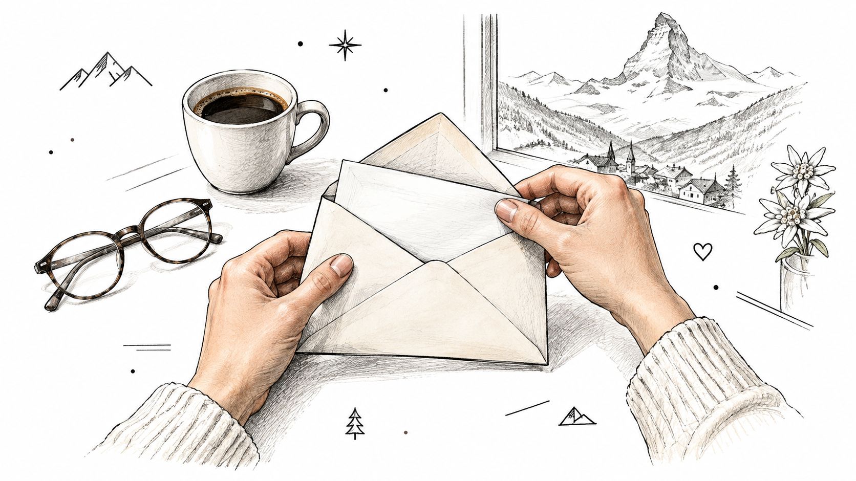Une personne tenant une lettre devant une fenêtre avec vue sur les montagnes et un village suisse.