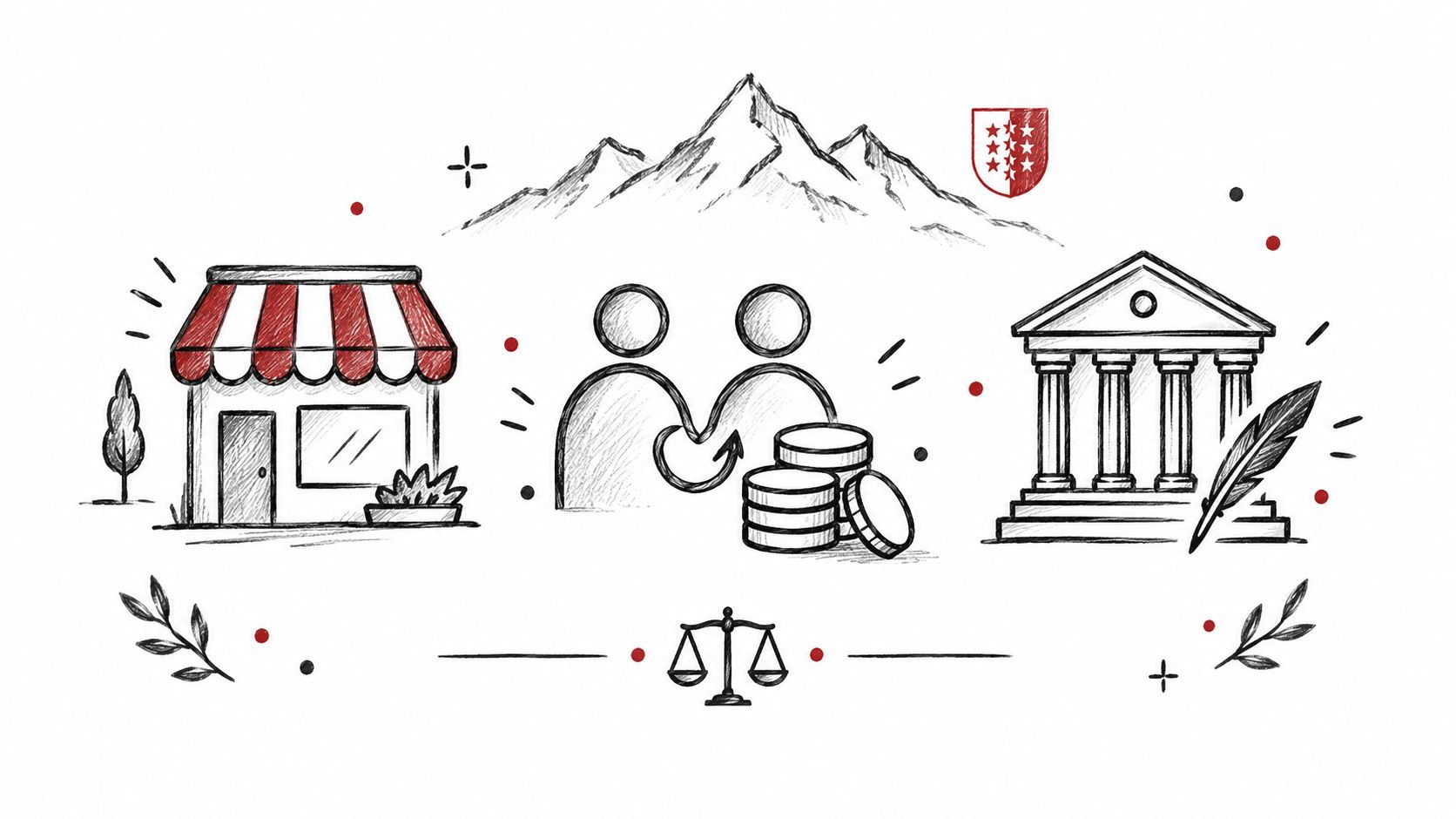 Illustration stylisée représentant le commerce, les échanges financiers, les institutions et la justice en Valais.