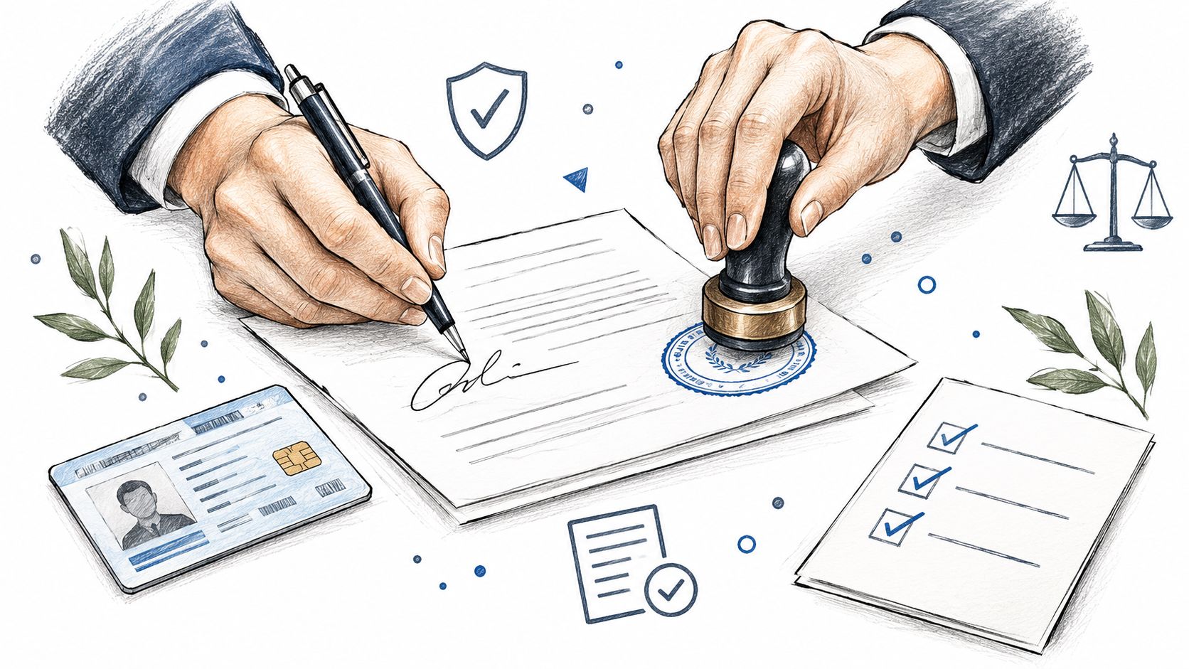 Une main signe un document officiel avec un cachet et une carte d'identité posée sur la table.