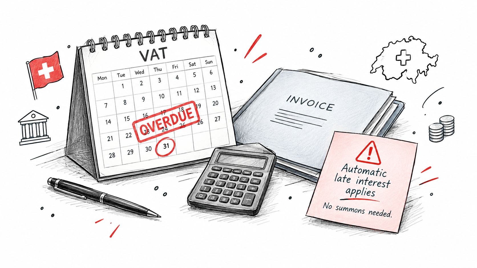 Un calendrier montrant une échéance de TVA suisse dépassée avec une note sur les intérêts de retard automatiques.