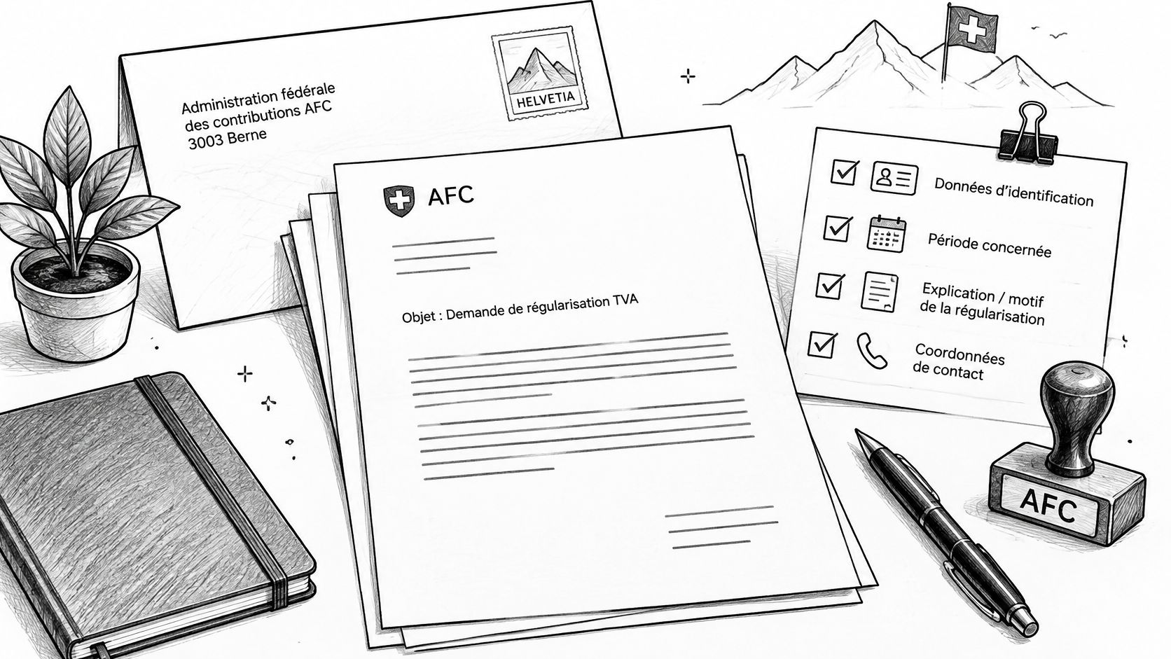 Document officiel de l'Administration fédérale des contributions avec une liste de contrôle pour régulariser la TVA suisse.