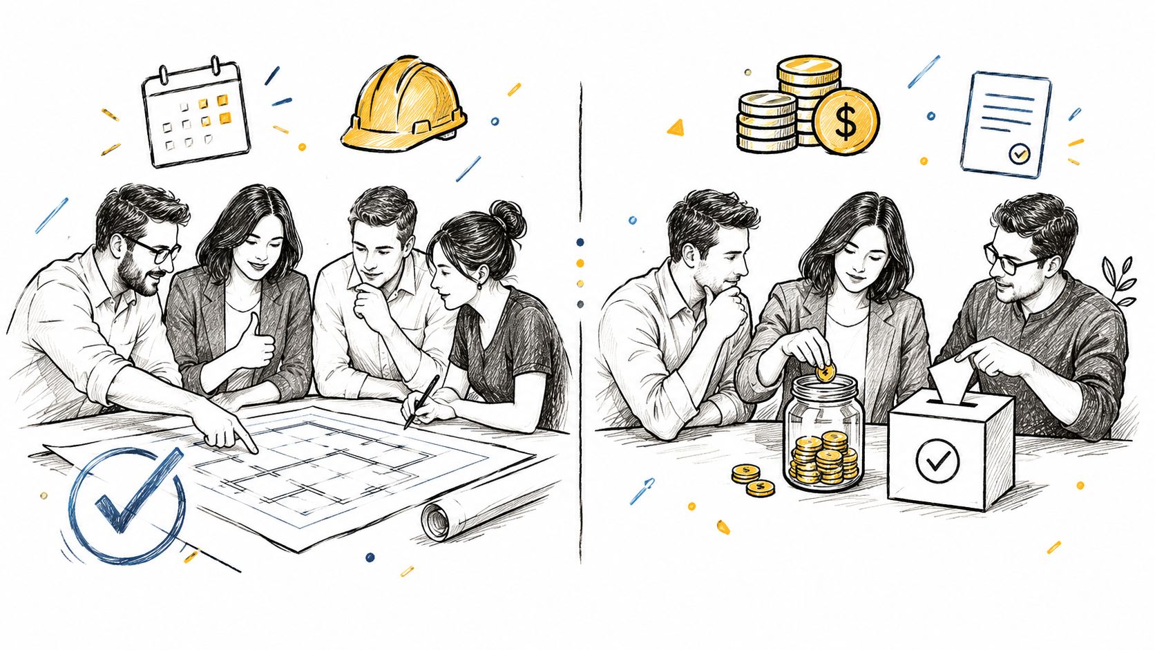 Une équipe discute des plans de rénovation dans une copropriété tout en gérant le budget financier.