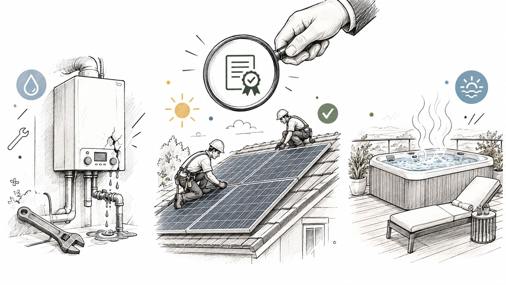 Illustration montrant la maintenance d'une chaudière, l'installation de panneaux solaires et un jacuzzi sur une terrasse.