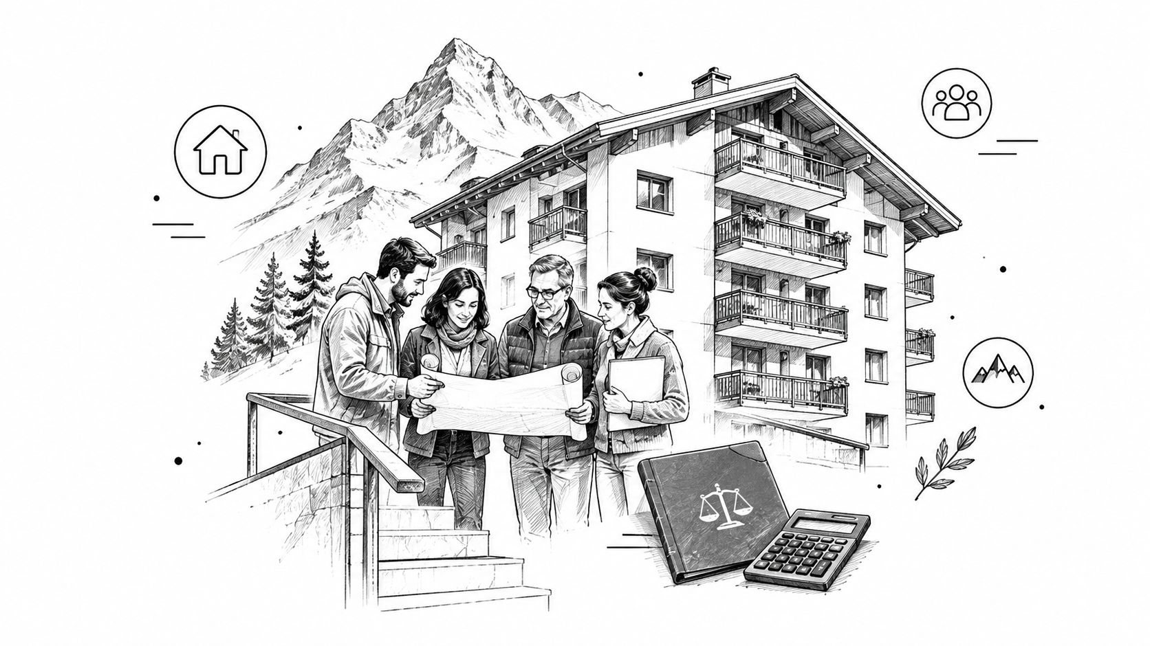 Des professionnels et des copropriétaires discutent de plans de rénovation devant un immeuble en montagne